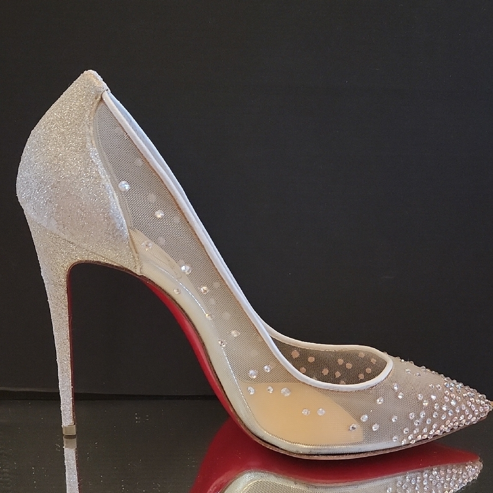 Christian Louboutin Follies Crystal Embellished Silver Pumps 100 Heel Sz38.5 - Picture 7 of 16